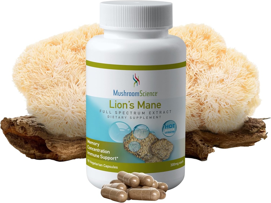 Mulhroom Science Lions Mane Mushroom Kapsul, Dukungan Memory & Konsentrasi, Ekstrak Spectrum Penuh, Suplemen Jamur untuk Dewasa, Air Panas Terekstrak Jamur, Vegetarian, 300MG, 90 ct