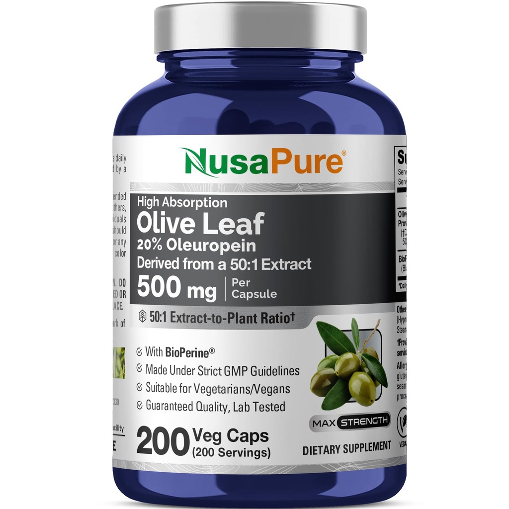 NusaPure Olive Leaf 20% Oleuropein 50: 1 Ekstraksi, 500 mg Equivalen ke 25.000 mg 200 Veg Caps Dapat diterima untuk Vegetarians dan Vegan, Non-GMO