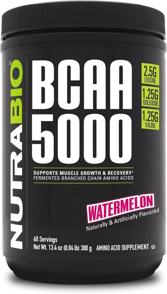 NutraBio BCAA 5000 Powder - Vegan Ferwered BCAAs - Support Lean Muscle Growth, Recovery, Endurance - 60 Servings - Semangka