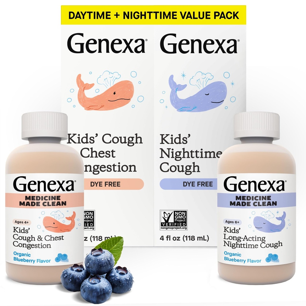Genexa Kids 'Clean Day & Night Cough Medicine, Dye Free, 0% Artificial Addicitives, Children' s Cough, Chest Contrable, Runny Nose & Sneezing Relief, Ages 6 +, Organik Blueberry Flavor, 8 fl oz (2 Pack)