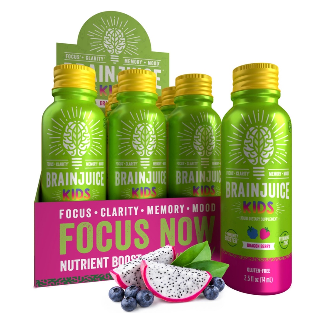 BrainJuice Kids Brain & Imune Dups, Gluten Free Supplement Shots for Energy, Focus, Imuniance with Vitamin D, C, Alpha GPC & Organic Ginger Root, Ages 5 +, Dragon Berry, 2.5 flf oz, 12 Pack