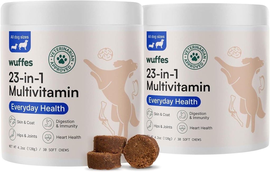 Wuffes 23-in- 1 Chewable Dog Multivitamin & Suplemen Bundle - Dog Multivitamin untuk Kecil & Large Breed - 2 Paket - 60 Cacah