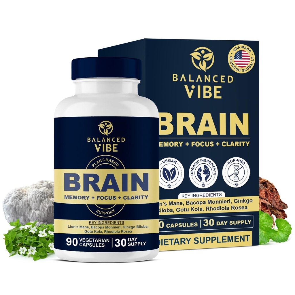 Balanced Vibe Brain Formula 124; Plant Organik - berbasis Nootropic untuk Fokus, Clarity & Memory 124; Organic Lion Mane, Ginkgo, Basopa, Rhodiola, Gotu Kola 124; Vegan Capsules 126 hari Supply