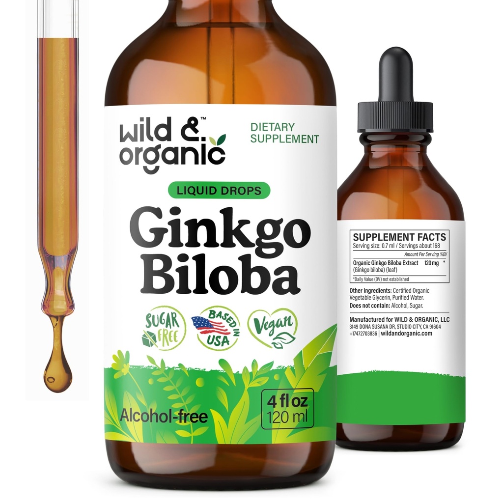 Wild & Organic Ginkgo Biloba Extract Drops - Otak & Fokus Dukungan - Liquid Ginkgo Biloba Suplemen - Vegan, Sugar & Alcohol- Free Herbal Tincture - 4 flf oz