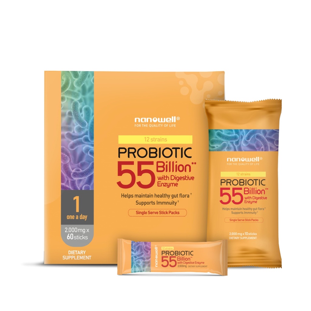 NANOWELL 12 Strains Probiotic 55 Billion CFU with Digetical Enzymes Powder - Ammune Dut Support, Gut Health, Progories, Pretencies & Postories - 60 Sticks, 60 Day Suppply