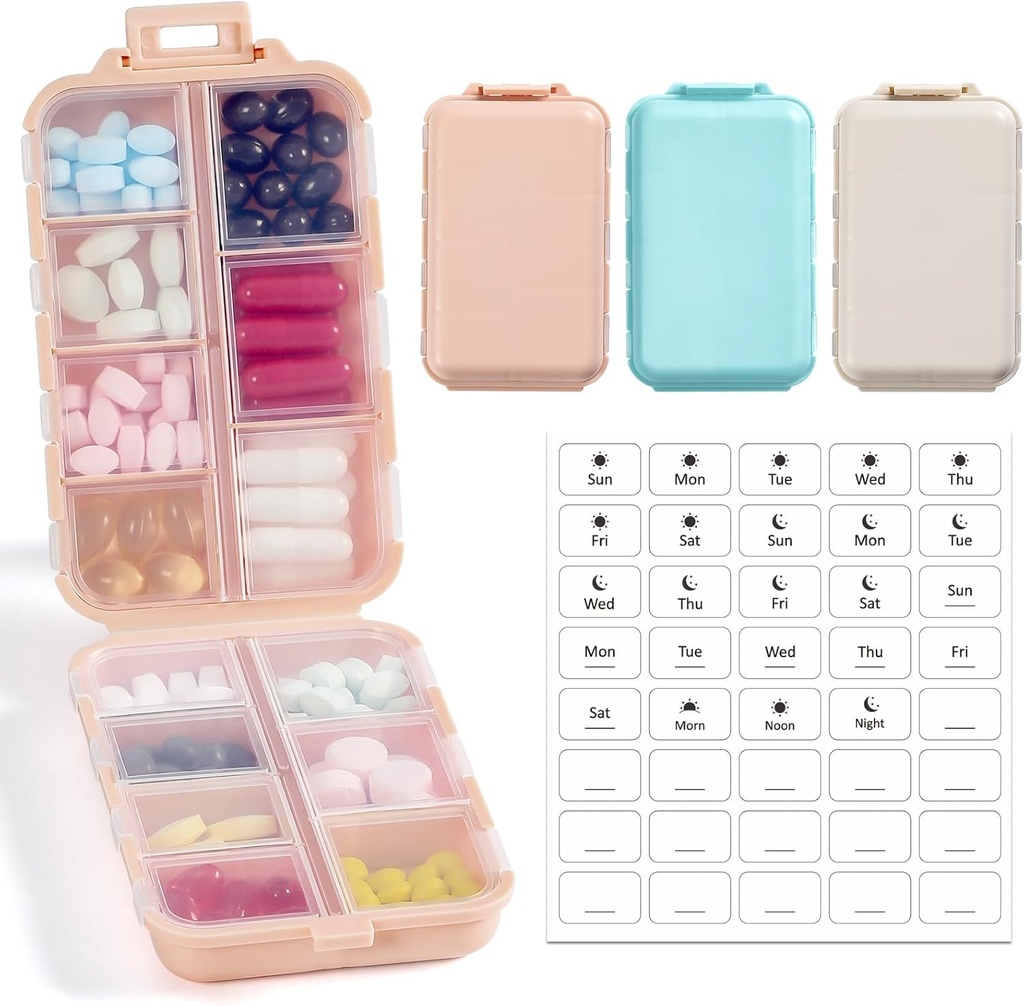 3 Pack, 14 GRIDS Travel Pill Organizer Box dengan Label - Travel Case Kit - Pocket Daily Farmacy Container - Travel Medication Holder Dispenser untuk Penyimpanan Minyak Vitamin
