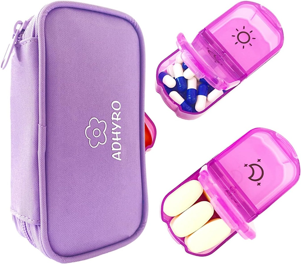 Pill Organizer 2 kali sehari, Large AM / PM Kotak Pil Mingguan 7 Hari Kasus dengan Label writable dan Privacy Protection Light- Purple Zipper Tas untuk menahan Suplemen, Vitamin dan Minyak Ikan