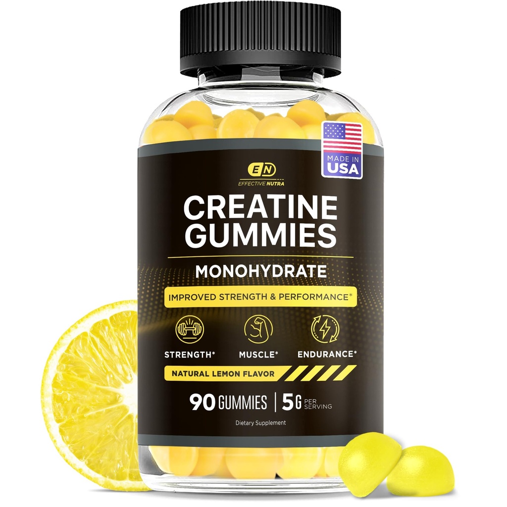 Efektif Nutra Creatine Monohydrate Gummies - 1g Creatine per Gummy - Vegan Muscle & Power Supplement for Men & Women - Supports Muscle Growth, Energy, Endurance - Lemon Flavor, Made USA (90ct)