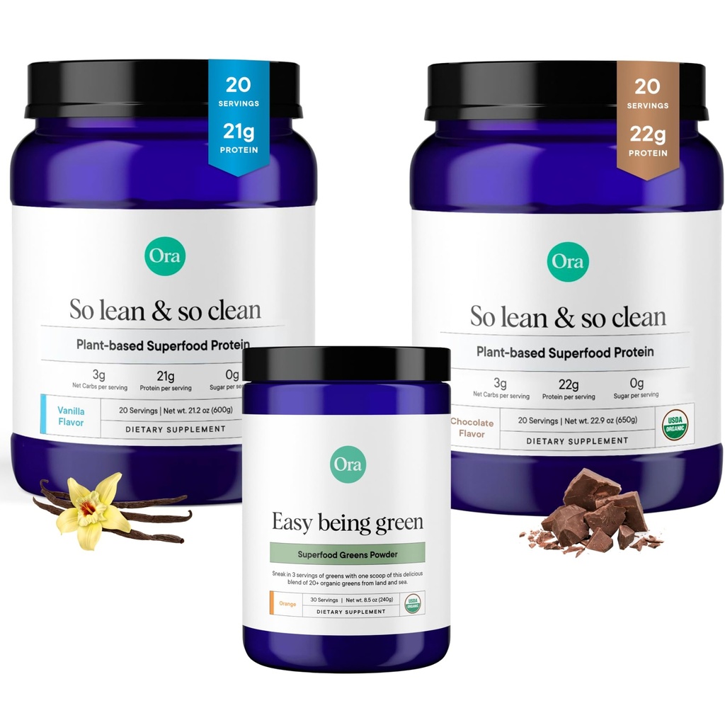 Ora Organik Vegan Powder Chowder, Vanila & Greens Powder Bundle: 22g Plant Based, Chocolate, 20 Servings + 21g Plant Based, Vanilla, 20 Marganic Super Greens Drink, 30 Service