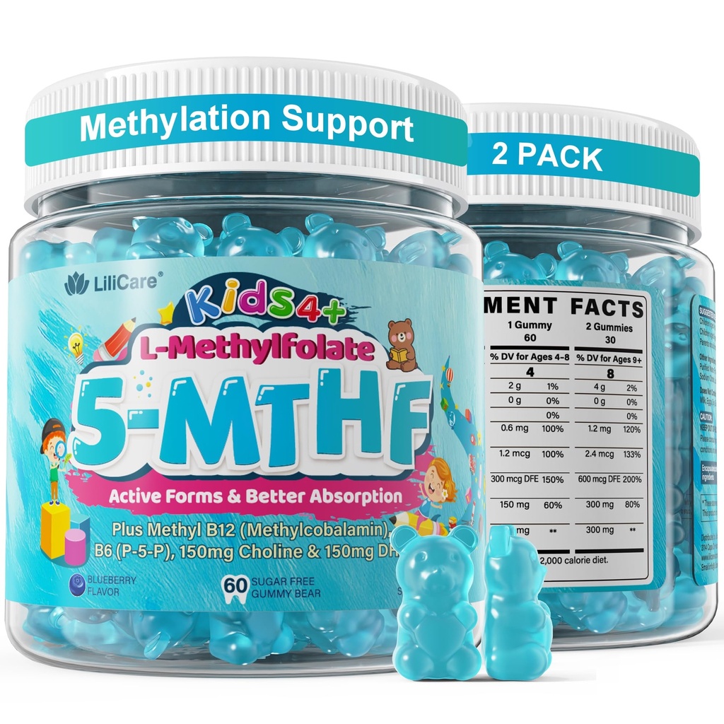 L Methylfolate for Kids Gummies, Active 5-MTHF + Methyl B12, B6, Choline & Vegan DHA, Methylated Vitamins for Kids, MTHFR Supplement Support Mood, Bēhavior, Cognition, Brain, Focus, Sugar Free, 2 Pack