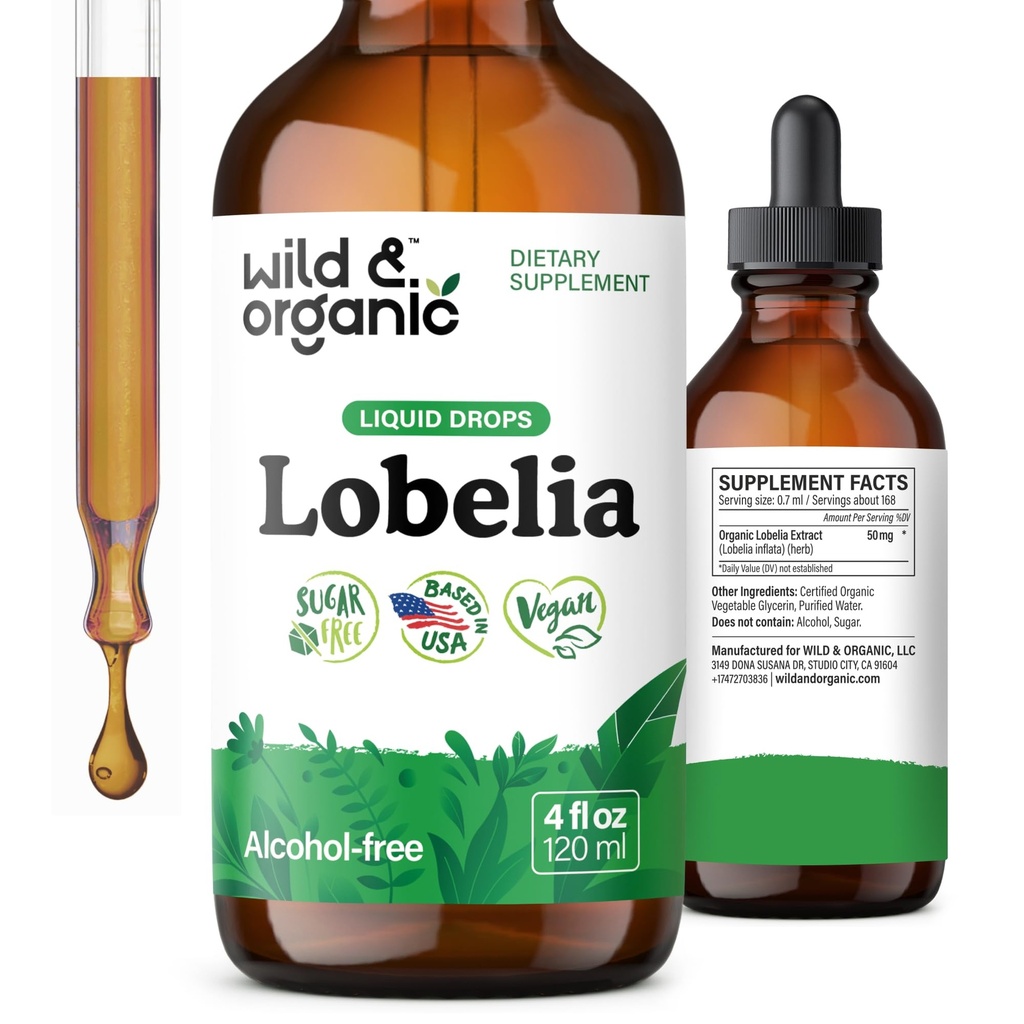 Wild & Organic Lobelia Tincture - Lung Detox dan Cleanse - Liquid Lobelia Herb Suplement - Vegan, Sugar & Alcohol- Free Leaf Extract Drops - 4 flf oz