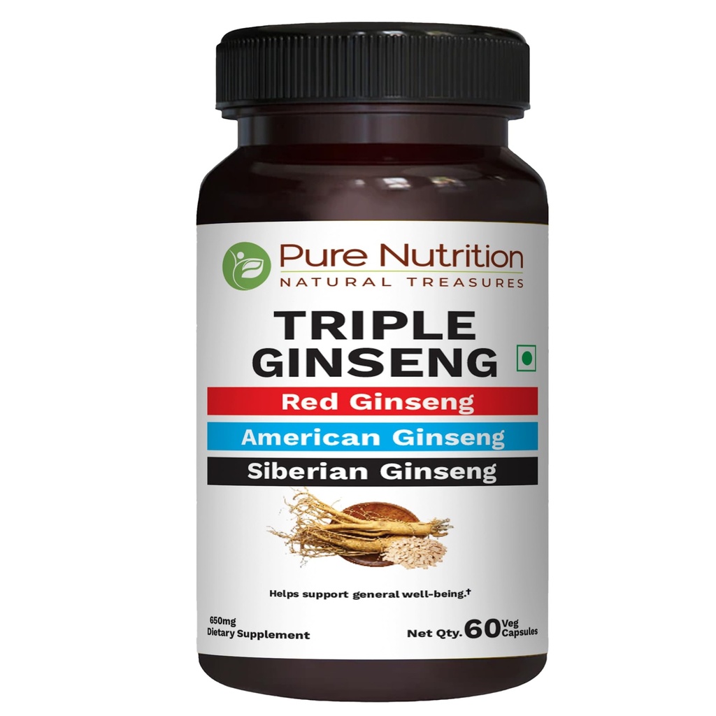 Nutrition Triple Ginseng murni - Kombinasi Unique dan Efektif dari Red Ginseng, Amerika Ginseng dan Siberia Ginseng. 790mg per Capsule 126; 60 Veg Caps Pack