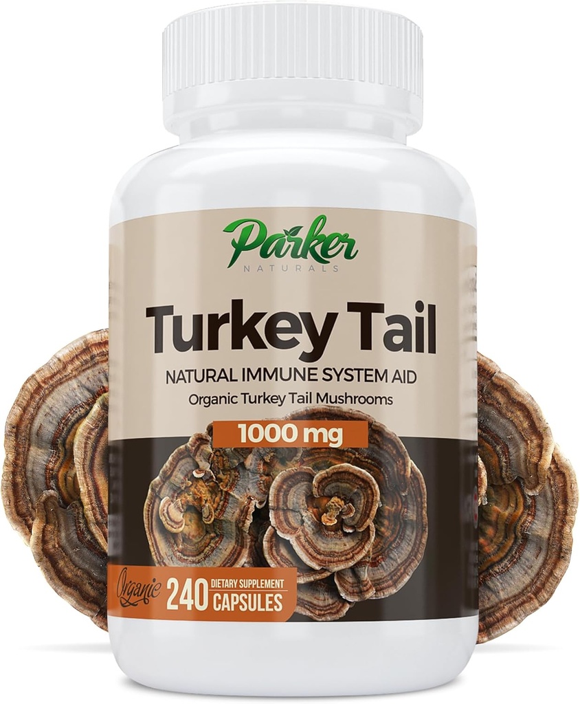 Parker Nacerals Turkey Tail Mushroom Kapsul - Tambahan Jamur Organik untuk Dukungan Kesehatan Sistem Imune - 1000 mg Premium Mashroom - 240 Kapsul
