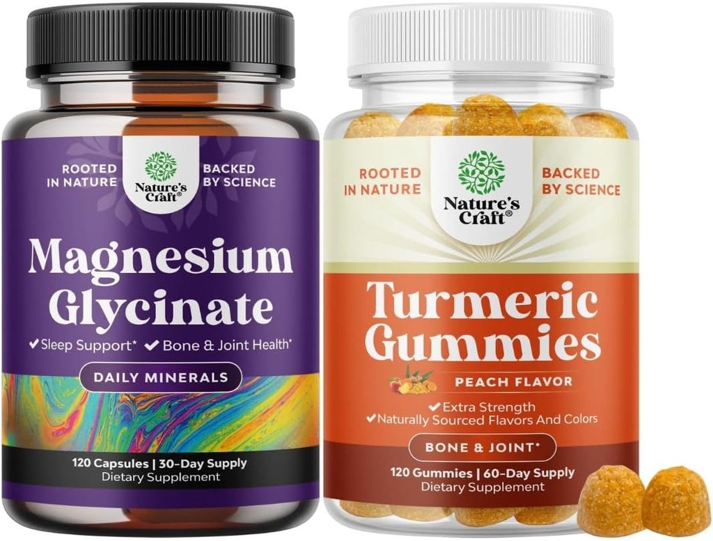 Bundle of Pure Magnesium Glycinate 400mg Per Serving for Mood Sleep and Relaxation and Turmeric Gummies for Dewasa Peach Flavor - Ekstra Kekuatan Dukungan Gabungan