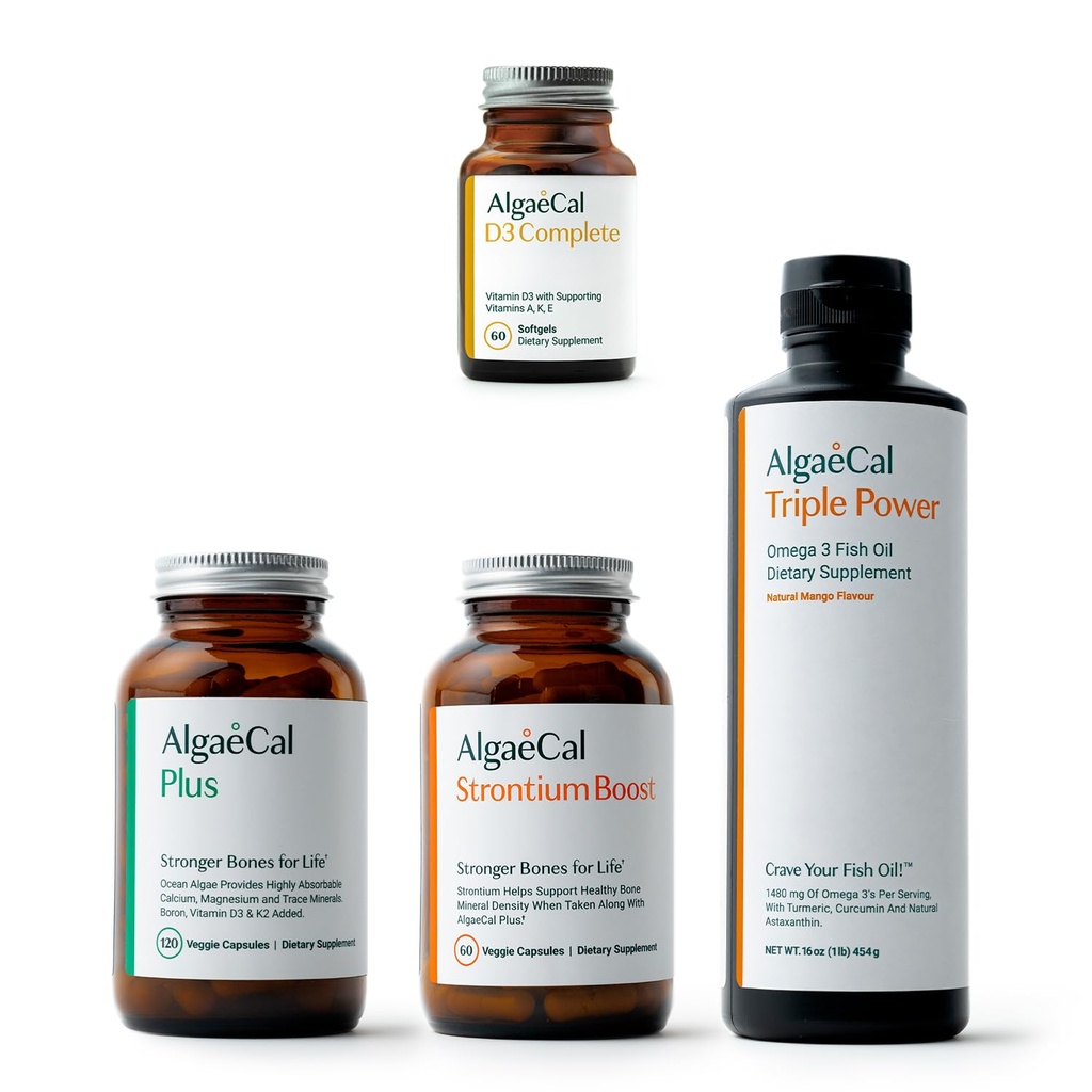 ALGAECAL Ultimate Bone Bundle - D3 Complete (1000 IU) + K2, Vitamin E, Vitamin A & Plant- Based Calcium for Increased Bone Density & Omega 3 Fish Oil with 1200mg EPA DHA