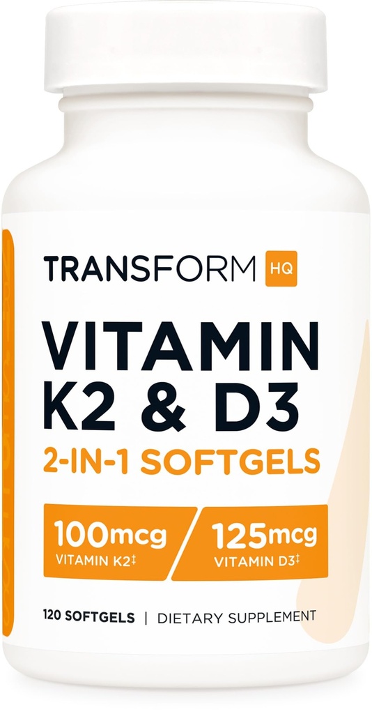 TransformHQ Vitamin K2 (MK7) (100mcg) + Vitamin D3 (5000 IU) 120 Softgels - Gluten Free dan Non-GMO
