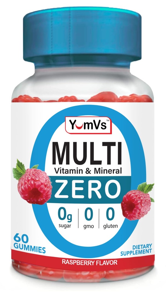 YUM-V 'S Multivitamin Zero Gummies by YumVs: 124; Sugar- Free Vitamin Tambahan untuk Perempuan & Pria & Laki-laki: Chromium, Thiamine, dan Magnesium 124; Raspberry Natural Flavor Chewables - 60 Count