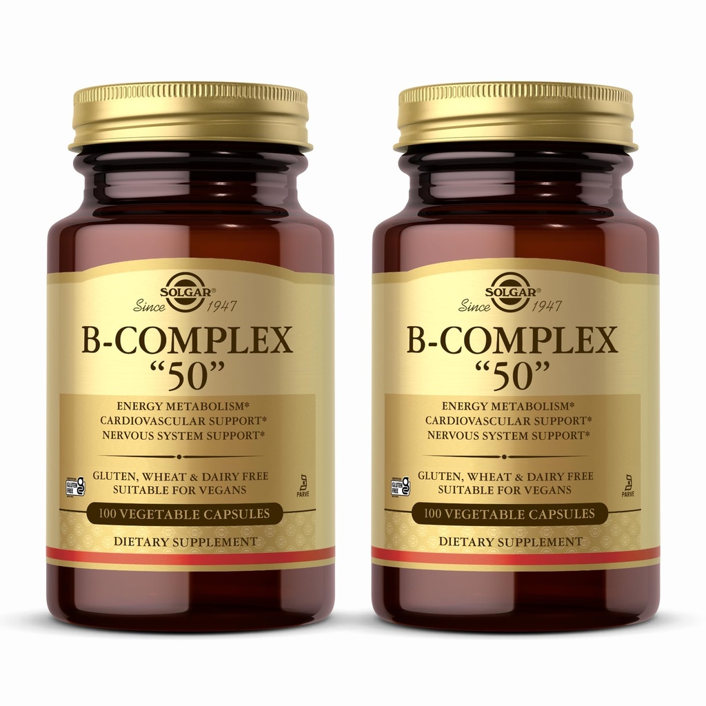 Solgar B-Complex "50" - 100 Vegetable Capsules, Pack of 2 - Energy Metabolism & Nervous System Support - Non-GMO, Vegan, Gluten Free - 200 Total Servings