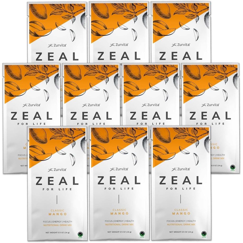 Zurvita - Zeal for Life Wellness Drink Mix - Classic Mango Flavor - Gluten- Free, Vegan, dengan Biotin, Vitamin dan Mineral for Health - 10 Paket