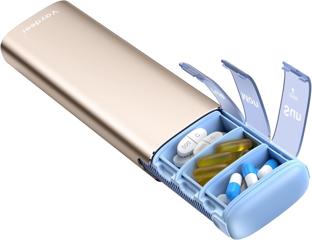 Vaydeer Metal Travel Pill Organizer, 7 Day Weekly Pill Box, Large Capacity Daily Cute Case for Suplemen, Pil, Vitamin dan Obat (Small, Champagne)