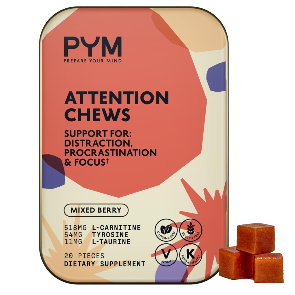 PYM Attention Chews Dups for Procrastination, Focus & Productivity, 20 Count 124; 518mg L-Carnitine, 54mg Tyrosine, 11mg L-Taurine, Caffeine- Free 124; All-Natural Mood Boost Suplemen dibuat di USA