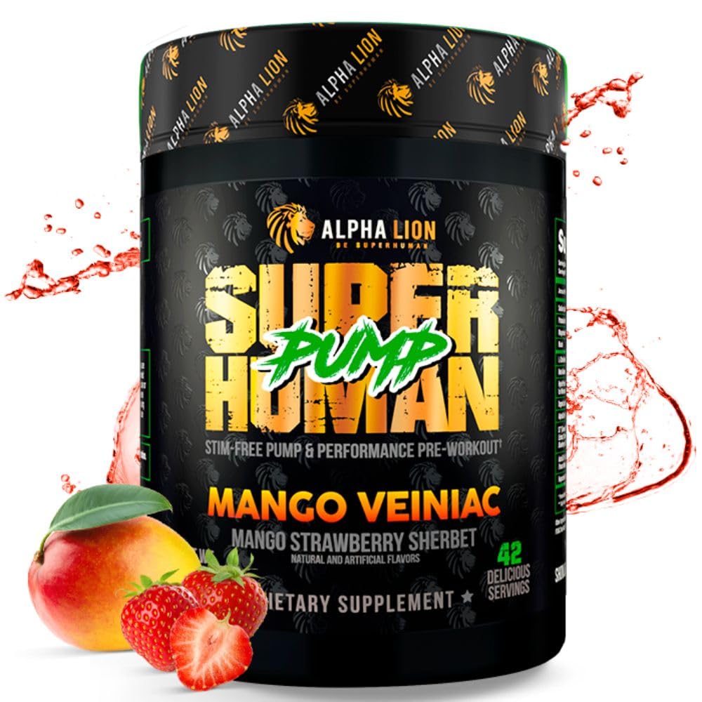 ALPHA LION Superhuman Pompa Pra Workout Powder, Nootropic Caffeine & Stim Free Pretraining Suplemen, Nitric Oxide Booster, Muscle Gainer, Energy & Focus (42 Servings, Mango Veiniac Flavor)