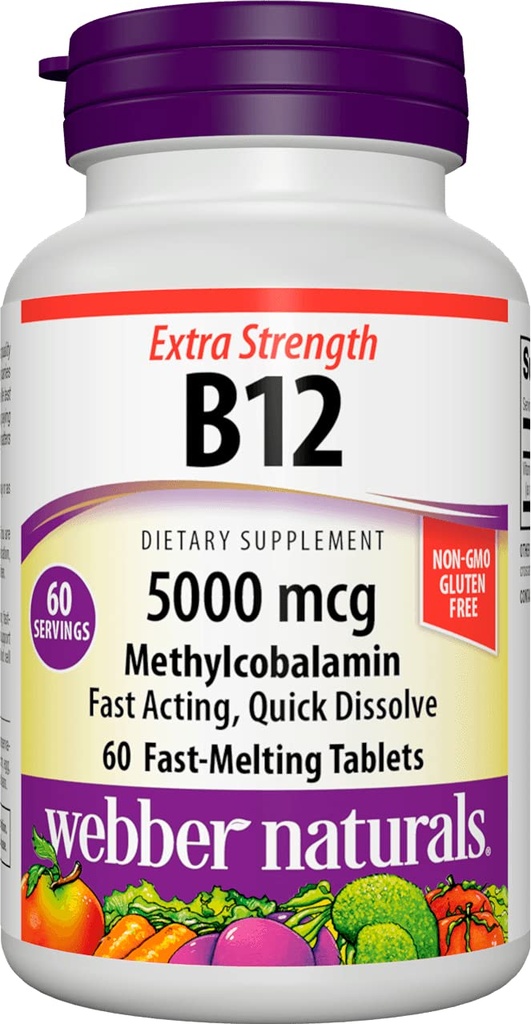 Webber Vitamin B12 5000 mcg, 60 Count, Fast Dissolve Tablets, Vitamin Suplemen Energi Metabolisme, Imune dan Heart Health, Vegetarian Formula, 60 Day Supppply