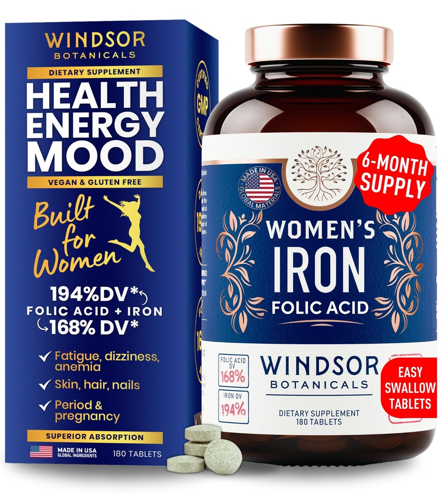 Suplemen Acid Besi dan Folic untuk Perempuan - 35mg Besi Lembut Vitamin, Asam Folic 400mcg - Anemia, Periode, Pendukung Pendukung Suli, Pill Ferrous - 180 Vegan Nor-Constipating Tablet