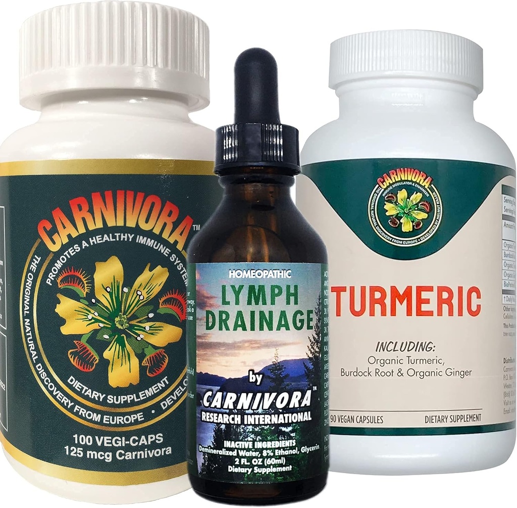 Carnivora Triple Play - Imune System Dups, Lymph System Flush, and Enhancement for Joints and Ditraffic (Bundle with 1 Botle Each of Carnivora Vegi- Caps, Lymph Drainage, and Turmeric)