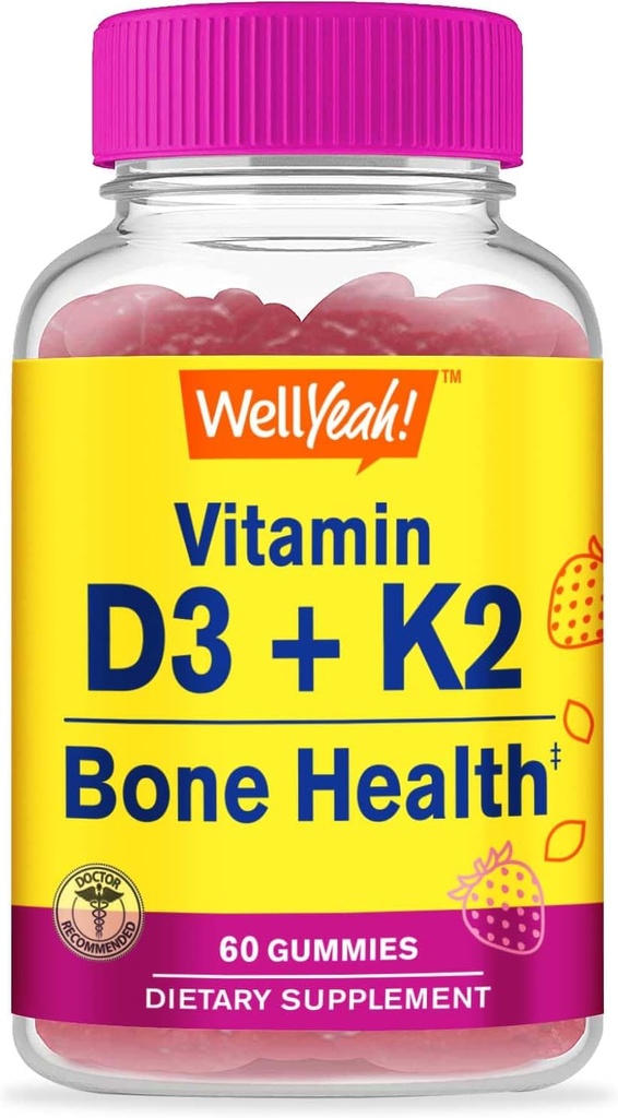 Welly Vitamin D3 + K2 Gummies - Vitamin D3 1000 IU, K2 100 MCG - Bone and Muscle Health Support, Natural Flavors, GMO Free, Gluten Free, Vegan - K2 D3 Vitamin Suplemen - 60 Gummi