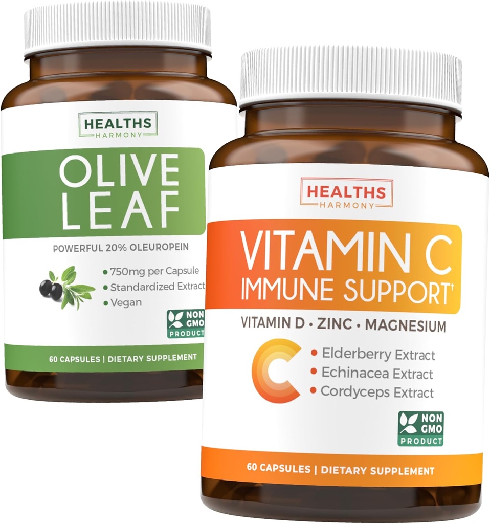 Simpan $4 (12% off) - Herbal Immune Bundle - Olive Leaf Ekstrak (Non- GMO) Kekuatan Super: 20% Oleuropein 750mg caps dan Dukungan Imune - Vitamin C dengan Zinc, Vitamin D, Elderberry & Echinacea (Non-GMO)