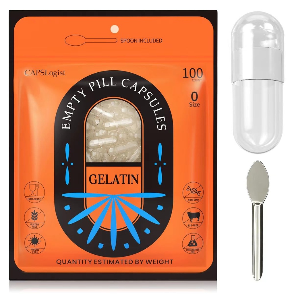 Pill Capsules Ukuran Kosong 0, 100 Count Gelatin Capsule dengan Micro Lab Spoon, DIY Pill Capsule Filling, Gluten Free dan Non- GMO Bersertifikat, Hapus