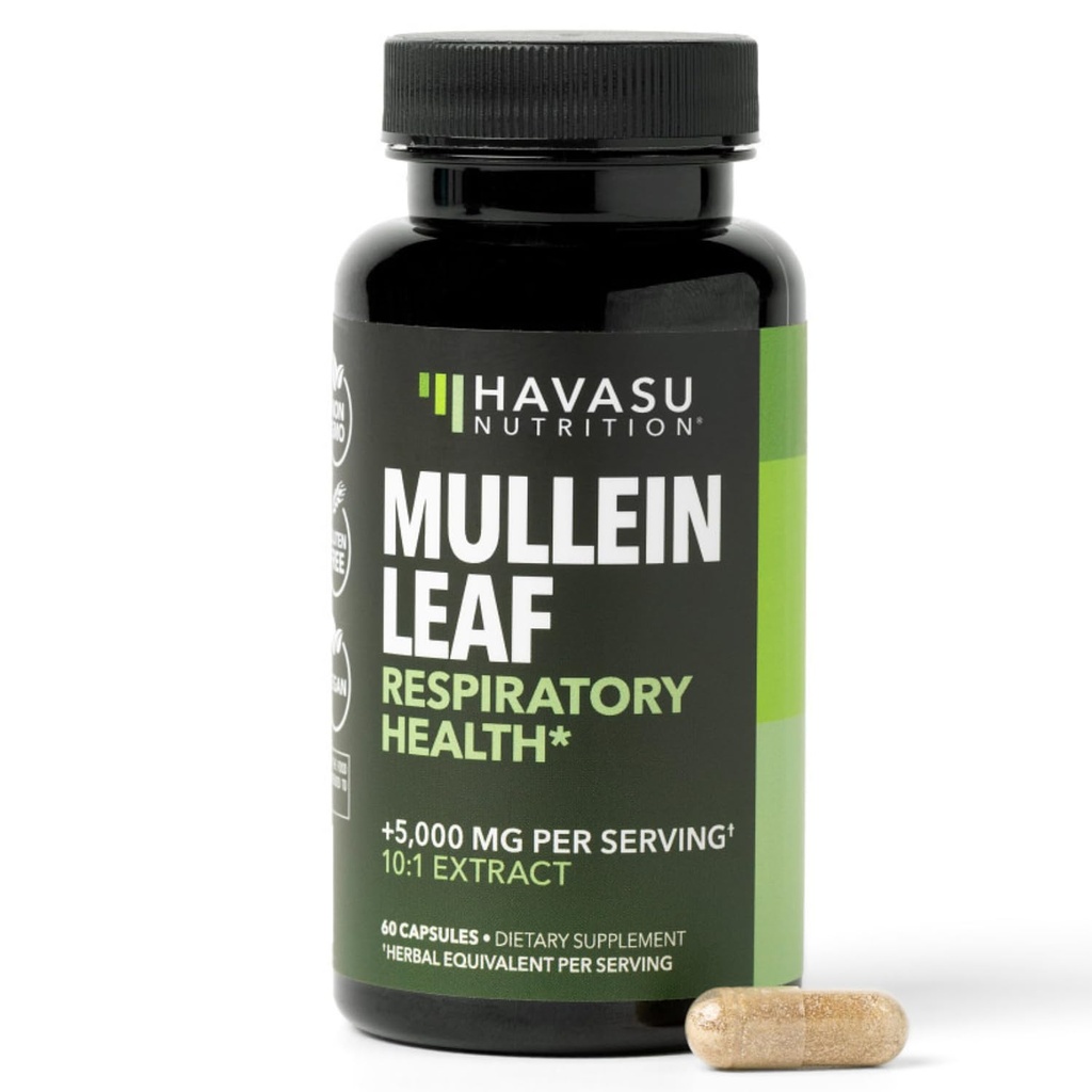 Capsules Leaf Mullein untuk Kesehatan Respiratory - 5000mg Ekstrak 10: 1 untuk Dukungan Lung dan Fungsi Imune - 60 Count - Vegan, Kapsul GMO Non- Herbal Tambahan untuk Wellness - 2 Bulan Tambahan