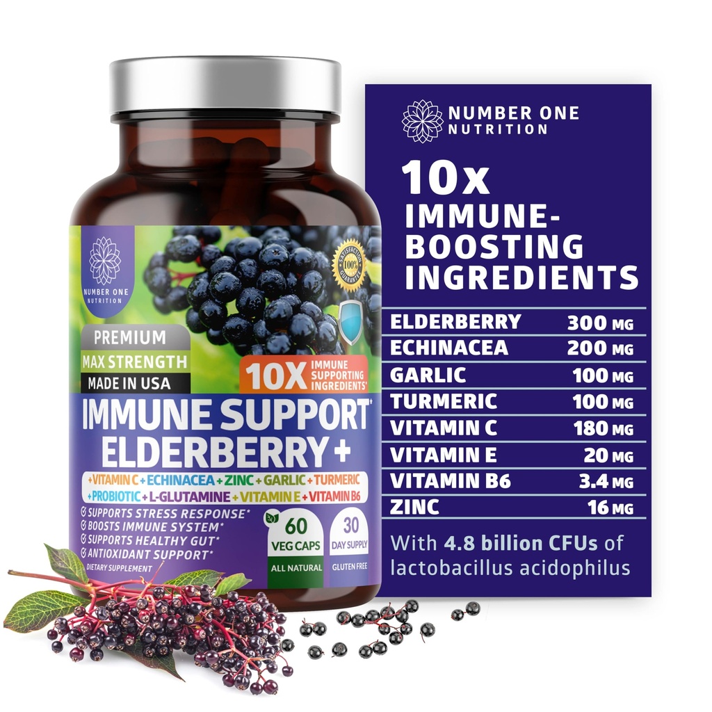 Premium 10 dalam 1 Suplemen Dukungan Imune [10 Ingrediens Mampu] dengan Elderberry, Vitamin C, Echinacea, Zinc dan Probiotic untuk Dukungan Imune, Gut Health dan Ditraffic Lebih Baik, 60 Veg Caps