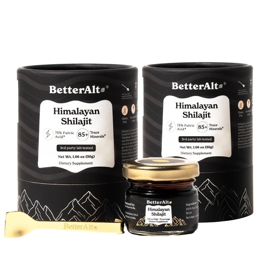 Lebih baik Alt Pure Himalaya Shilajit Resin Pack of 2 High Potency Gold Tingkat 150 Hamba untuk Dukungan Energi Boost & Imune, 85 + Trace Mineral, 75% + Fulvic Acid, dengan Laporan Tes Lab, 400 mg
