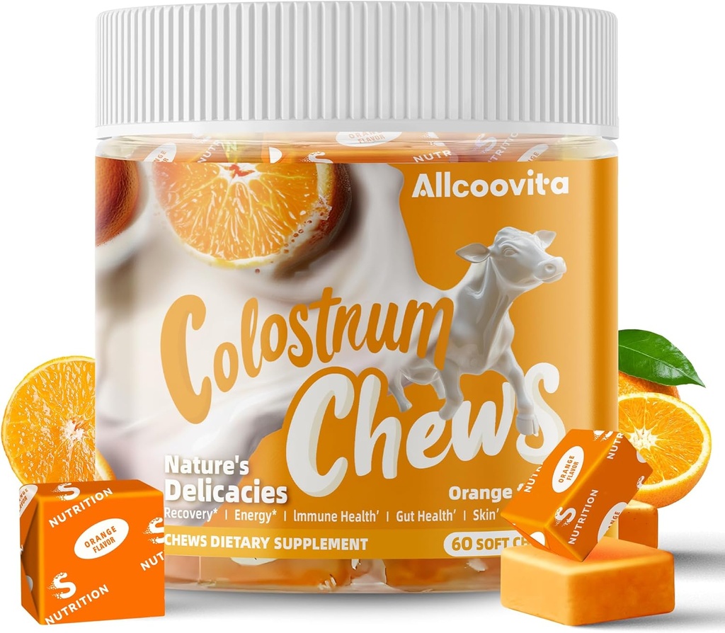Bovine Colostrum Chews Supplement with progrants for Gut Health, Bloating, Immune Dupport, Skin, Hair Growth and Beauty - Orange Flavor (60 Servings)