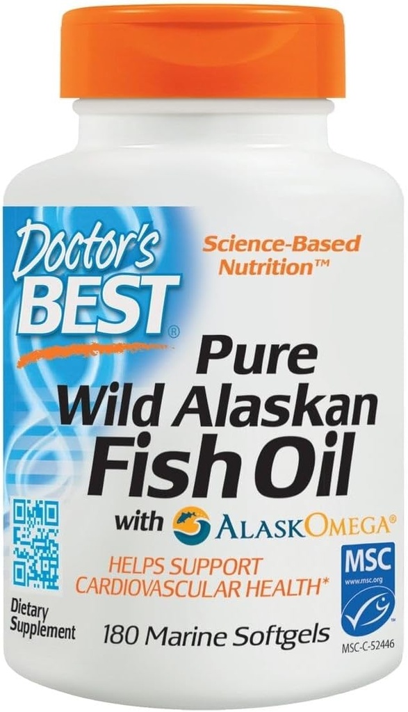 Doctor 's Best Pure Wild Alaska Fish Oil dengan Alaska, Heart, Brain, Mintal Wellsing, Eyes, Non-GMO, Gluten Free, 180 Marine Softgels