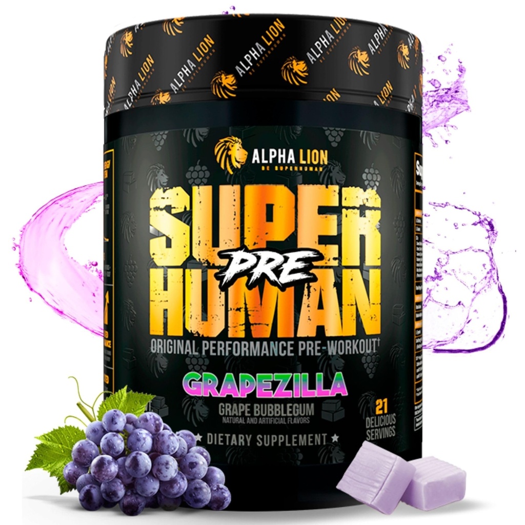 ALPHA LION Superhuman Pre Workout Powder, Beta Alanine, L-Taurine & Tri-Source Caffeine untuk Kafein Energi & Fokus, Nitric Oxide & Citrulline untuk Pompa (21 Servings, Grapezilla)