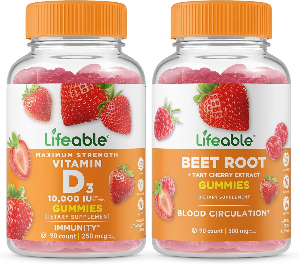Lifeable Vitamin D 10000 IU + Beet Root, Gummies Bundle - Great Tasting, Vitamin Suplemen, Gluten Free, GMO Bebas, Gummy Chewable