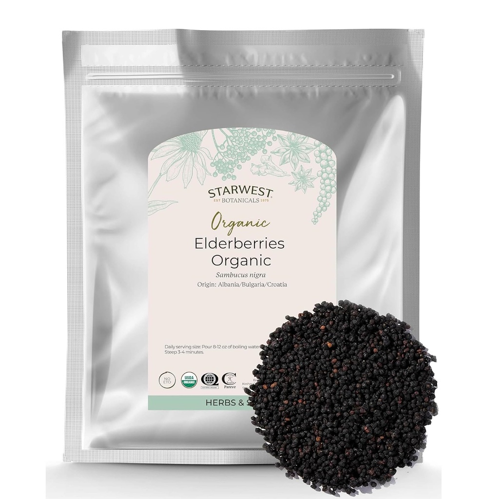 Starwest Botanicals Organic Elderberry - Elderberry kering untuk Syrup, Tea, Gummies, & Jam, Natural Immune Dukungan, Cerdened Kosher, Non- GMO - Bulk 1 lb Bag
