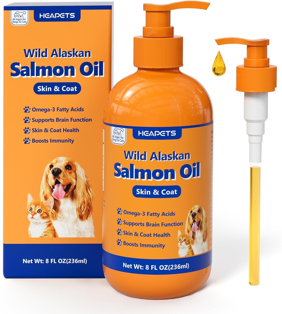 Minyak Salmon Alaska Wild untuk Anjing & Cats, Suplemen Fish Oil Omega 3 dengan EPA & DHA untuk Skin & Coat, Imune, Brain, Gabungan dan Kesehatan Jantung, Suplemen Ikan Kucing & Kucing dengan Pump- 8 oz