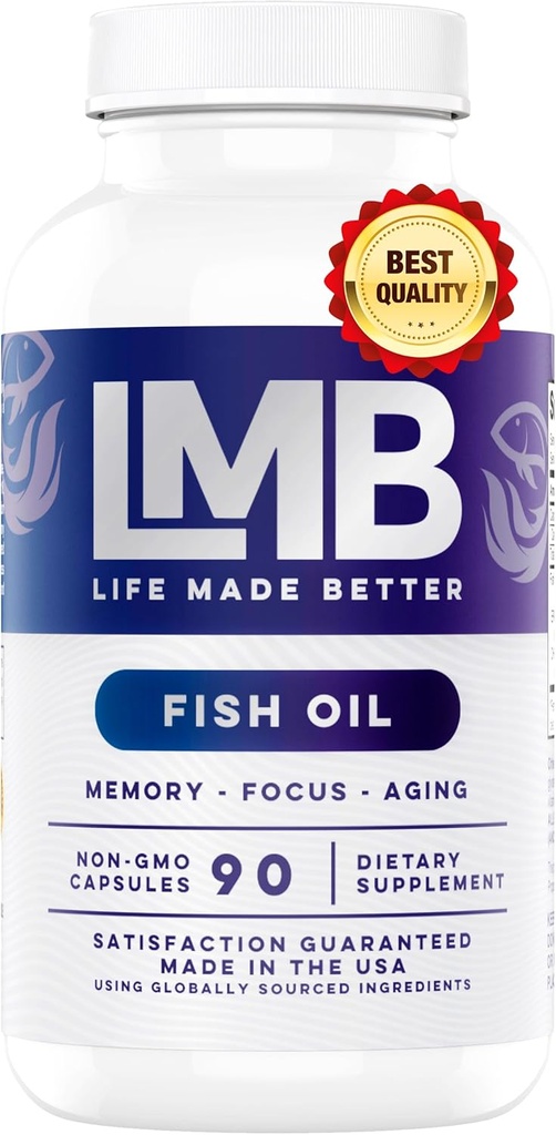 Wild Caught Omega 3 Fish Oil 3000mg - Triple Strongless Burpless DHA 900mg + EPA 1200mg Non-GMO - Ensic Coated with No Aftertaste - LMB (90 Soft Gels)