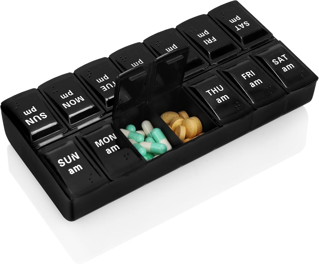 Weekly Pill Organizer 2 Kali Kotak Pill Hari 7 Hari Hoder Large Daily Medicine Travel Organizer Case Pill Container (2 Kali Hitam)