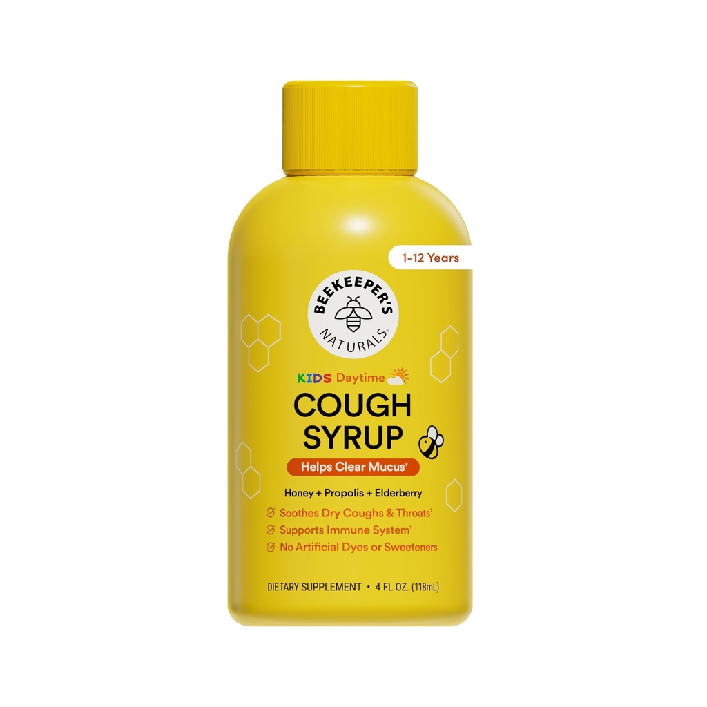 Beekeeper Propolis Cough Syrough Daytime for Kids Ammune Support with Elderberry, Vitamin C, Vitamin D & Raw Honey - Throat Soat - Gluten Free & Clean Ingrediments, 4 oz.
