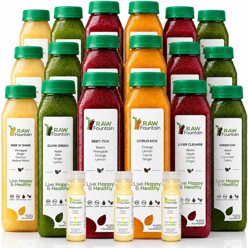 3 Hari Juice Cleanse oleh Raw Fountain, All Natural Raw Detox Cleanse, Juicing for Body Rest, Cold Menekan Juice Fast, Great Way to Jumpstart a Heally Diet, 18 Bottles 12oz, 3 Ginger Shots