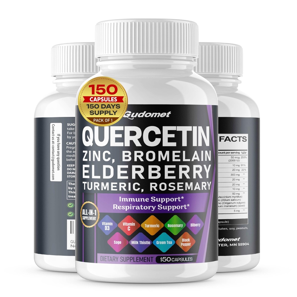 Quercetin Bromelain Zinc Vitamin D3 Elderberry Turmeric Rosemary Bilberry Sage Odorless Brea Milk Thistle Oregano -150 Capsules- dibuat di USA