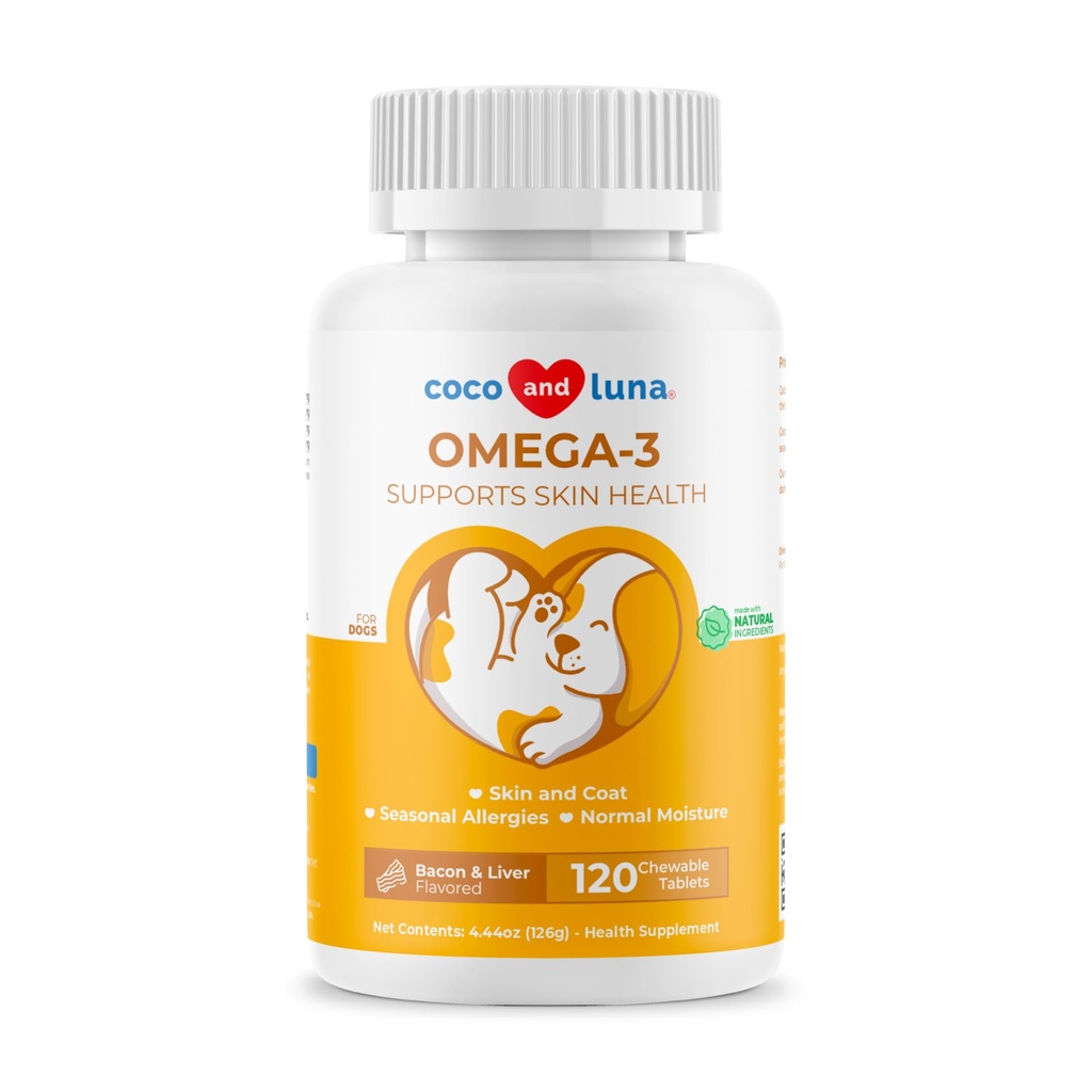 Omega 3 Fish Oil for Dogs - 120 Chewable Tablet - with Omega 3, 6, and 9, Vitamin E for Dog Shedding, Itchy, Dry Skin, Joint & Heart Support