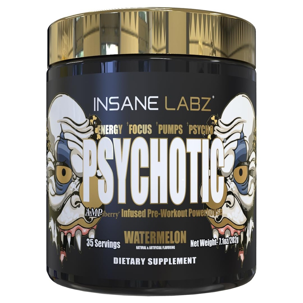 Emas Gila Labz Psychotic, Powder Pre Stimulant Tinggi, Ekstrim Lasting Energy Focus, Pumps and Endurance dengan Beta Alanine, DMAE Bitartrat, NO Booster (35 Pelayan, Semangka)