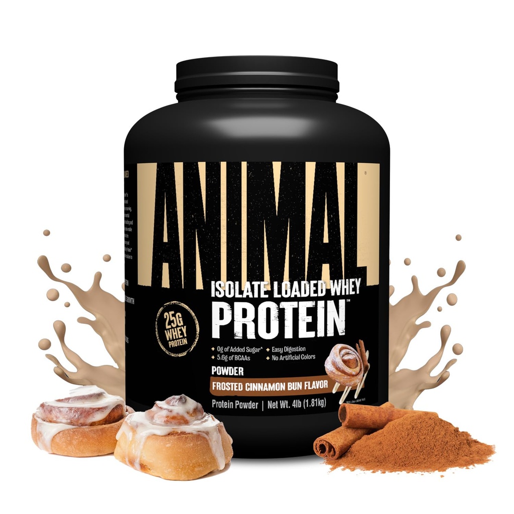 Animal Whey Isolate Protein Powder - Termuat untuk Pre & Post Workout Muscle Builder dan Recovery dengan Digetical Enzymes untuk Pria & Women - 25g Protein, Great Tase, Low Sugar - Frosted Cinnamon Bun 4 pon