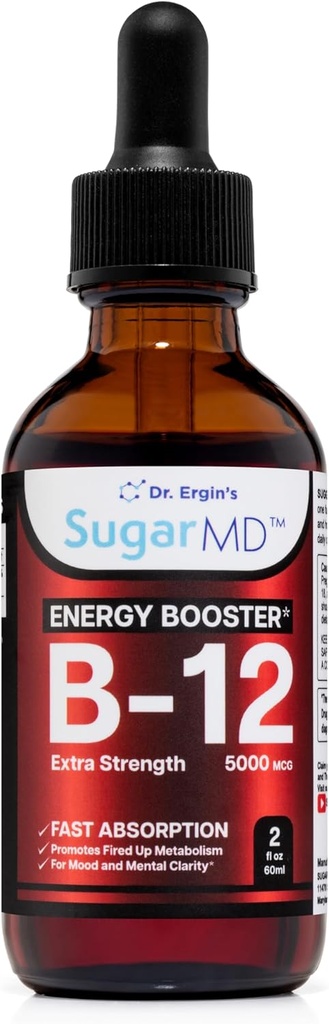 SugarMD Vitamin B12 5000 mcg Liquid Drops - 2 fl oz (60ml) Energy Drops for Women - Non-GMO & Gluten Free Liquid B12 Drops dengan Maksimum Absorpsi Formula
